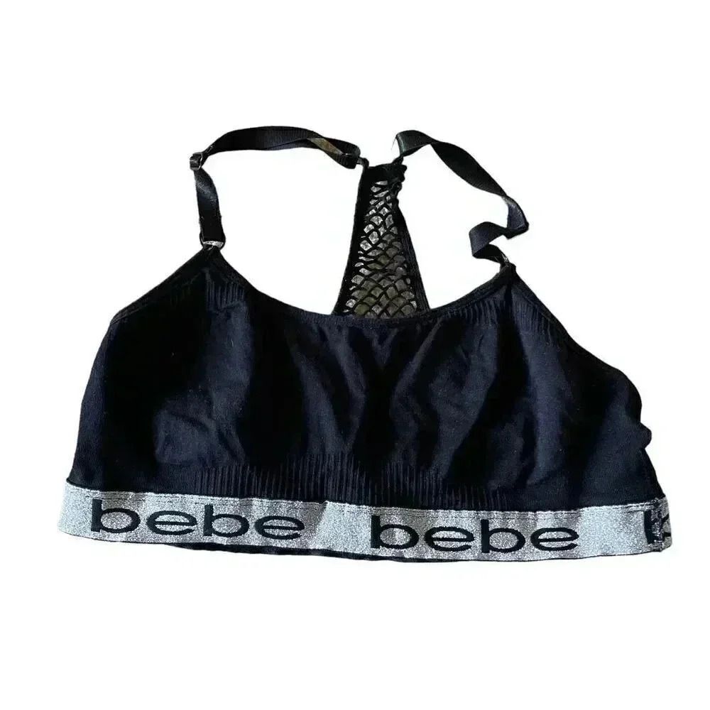 Bebe Black White Logo Lined Not Padded Racerback Women’s Sporty Running Bra SZ M